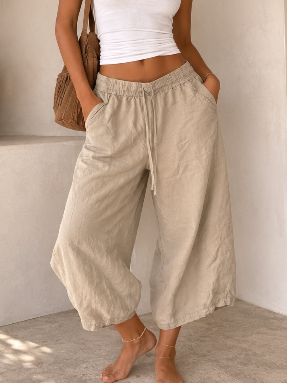 Relaxed Drawstring Pants Capris in Beige